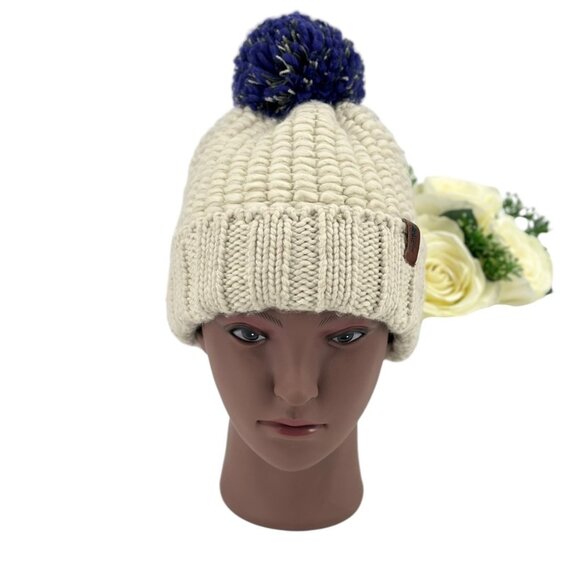 North Face Tufted Beanie Chunky Knit Cap One Size Fitted Pom Pom Oatmeal Purple - Picture 6 of 6